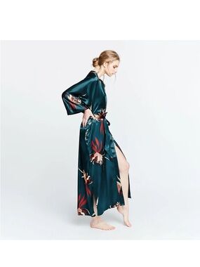 Kim + Ono Hana Long Kimono Robe in Teal, O/S